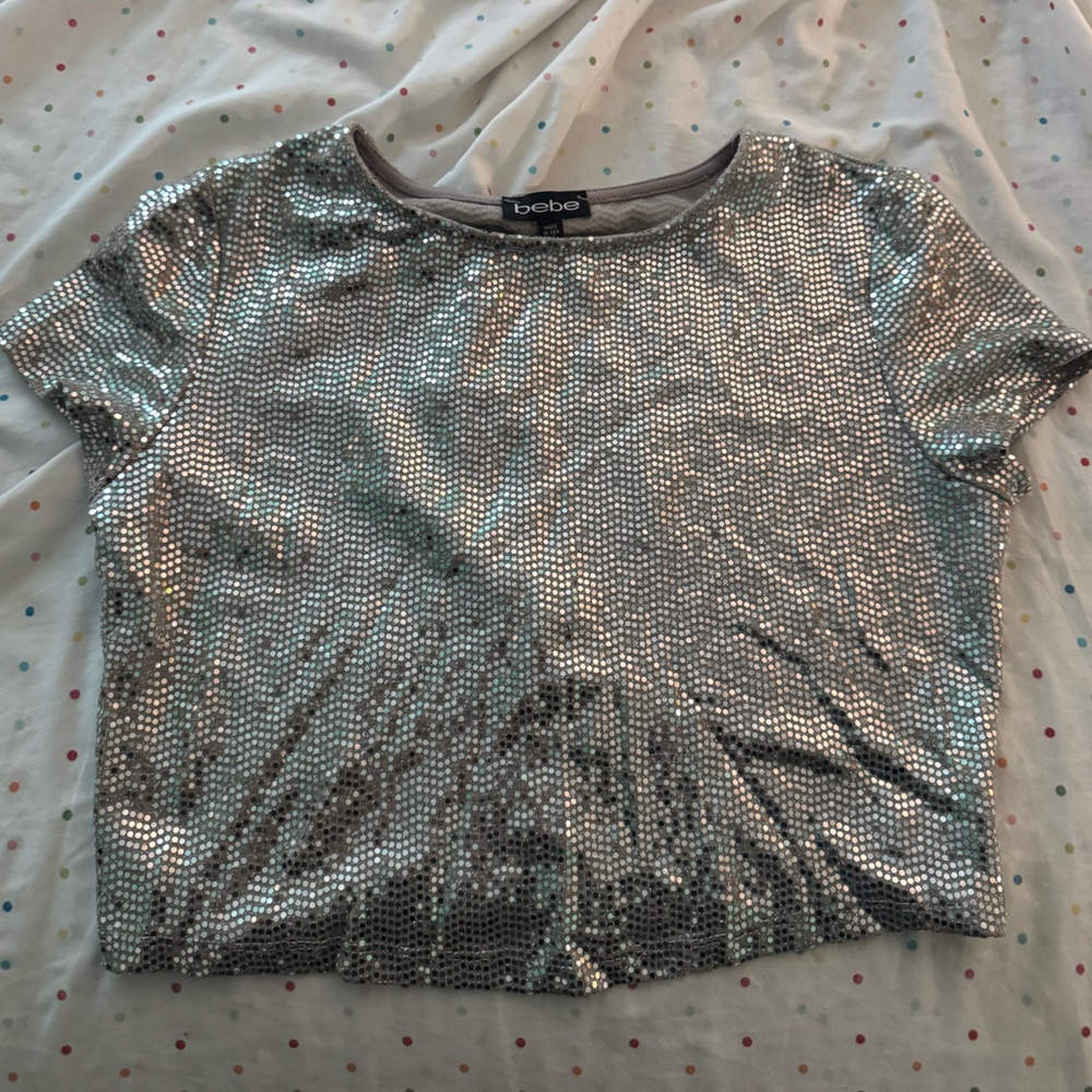 Bebe Sparkling Silver Sequin Top